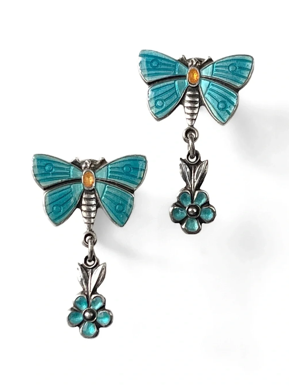 Antique Guilloche Earrings Turquoise Enamel STERLING Dangle Butterfly Daisy VTG